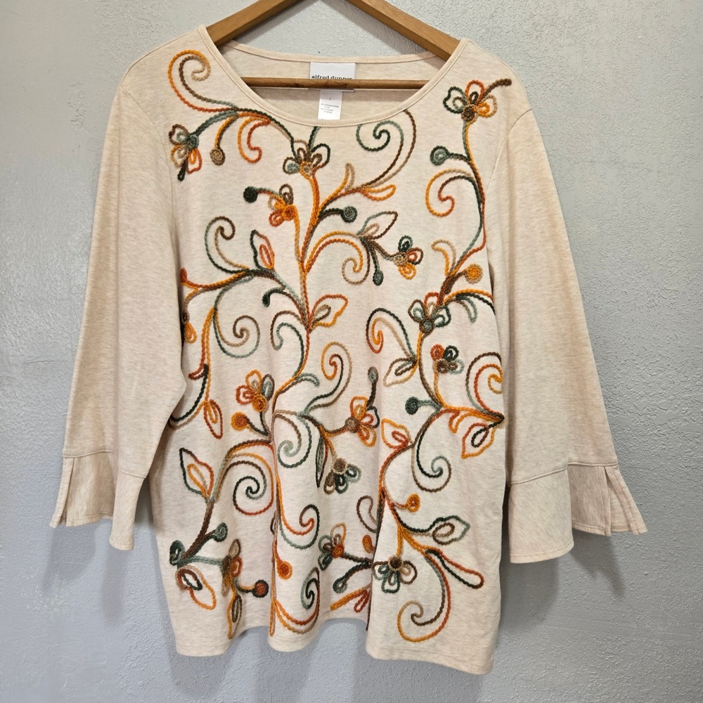 Alfred Dunner Floral Embroidery Oatmeal Boho Cottagecore Top Large